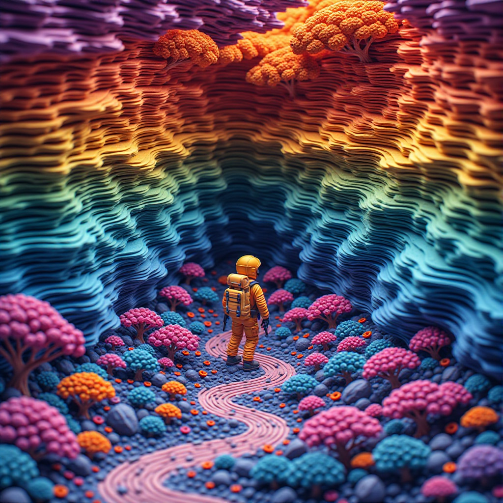 Chroma v.46 [flash] example — explorer in an alien world, Thick layered art, bold lines, nature, bright vibrant palette