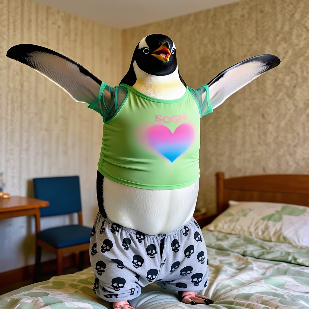 Z-Image Turbo example — an emperor penguin wearing a SOGNI crop top and skull pajamas in a cozy bedroom