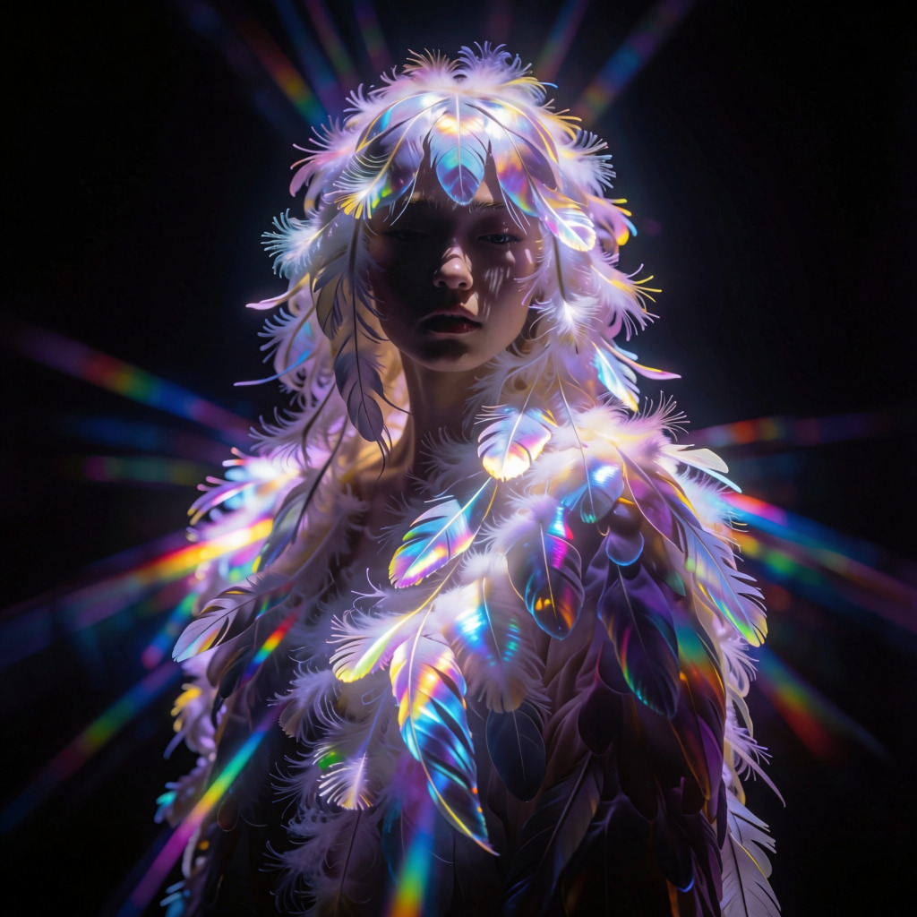 Krea 2 Turbo example — Japanese woman angel with iridescent feather hair in golden prismatic light