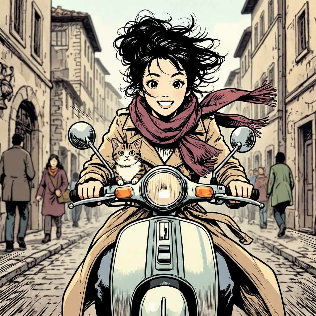 Z-Image Turbo example — a comic-book anime woman riding a vintage scooter through a European cobblestone street with a kitten on the handlebars