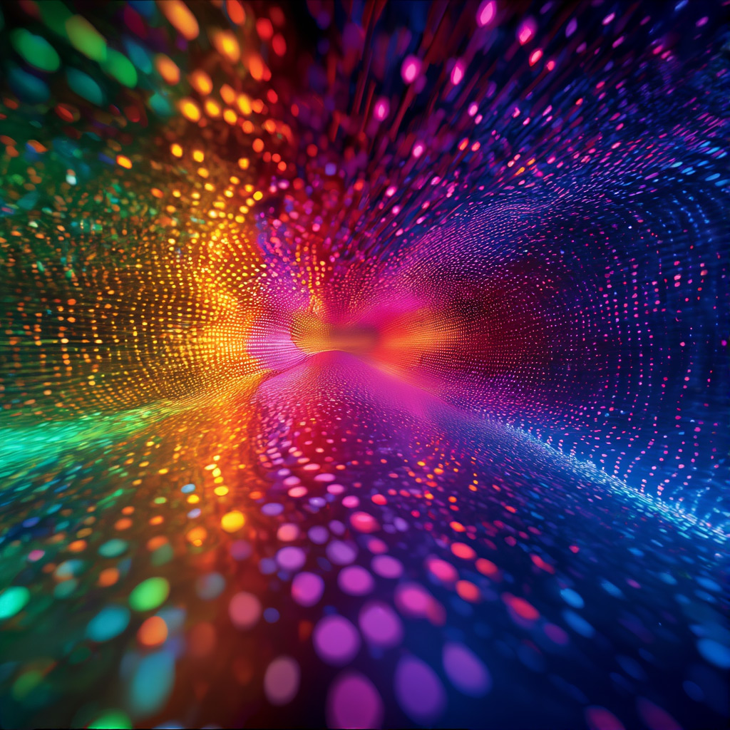 Chroma v.48 [detail] example — Concept photography, film grain, amazing backdrop image, a flowing spots pattern, neon spots