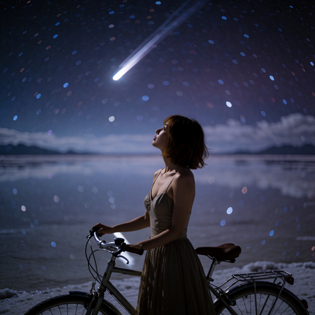 Krea 2 Turbo example — woman beside a bicycle under a meteor over the mirrored Uyuni Salt Lake