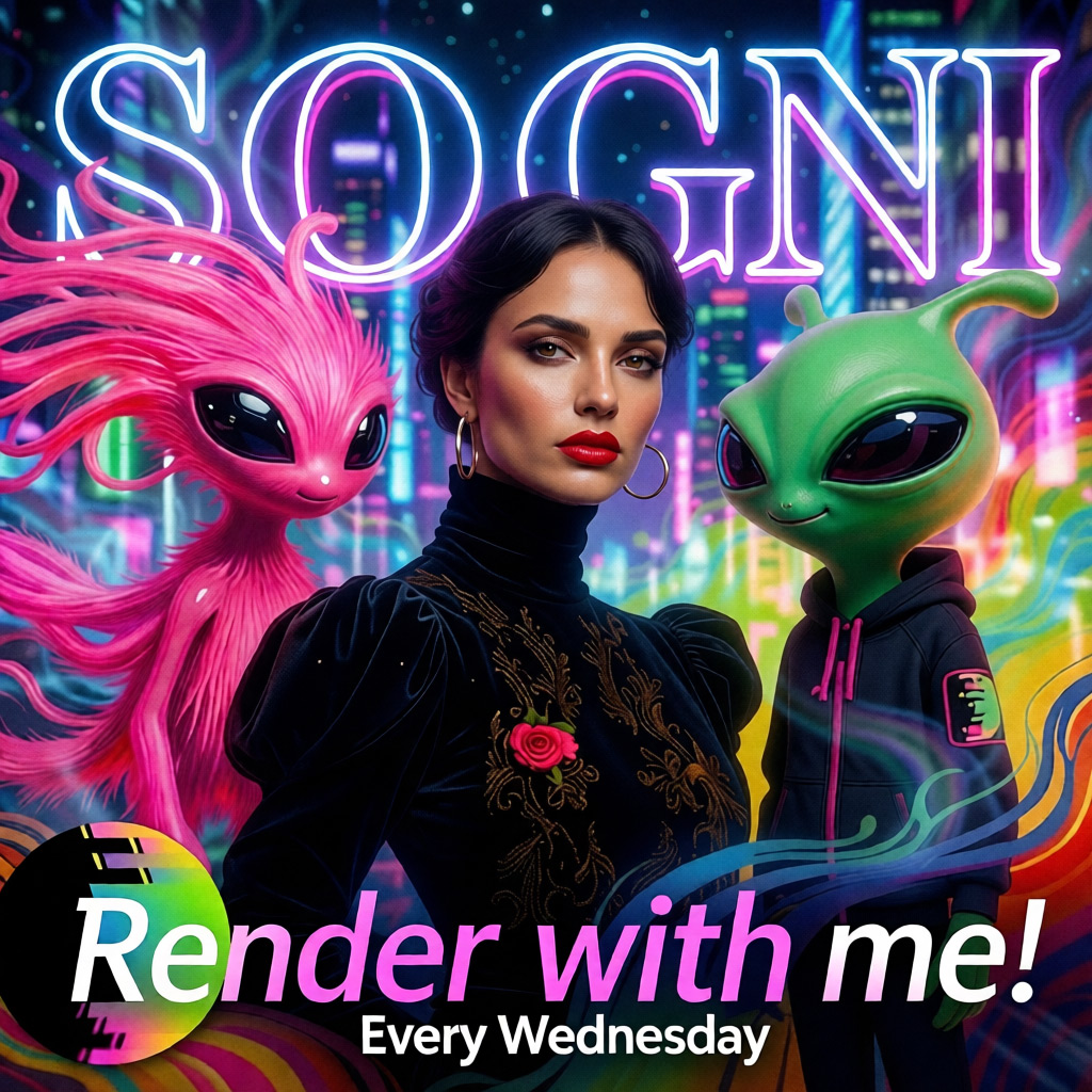 Qwen Image Edit 2511 example — adding pink and green aliens posing for a SOGNI magazine cover with minimalist typography