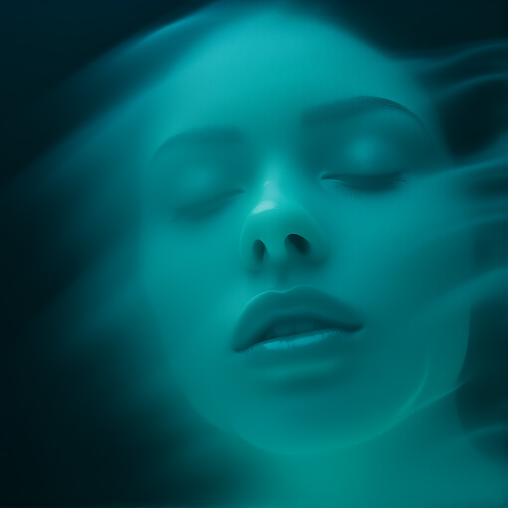 Chroma v.48 [detail] example — A face made of melting aqua glass, artistic, dark background, dynamic angle