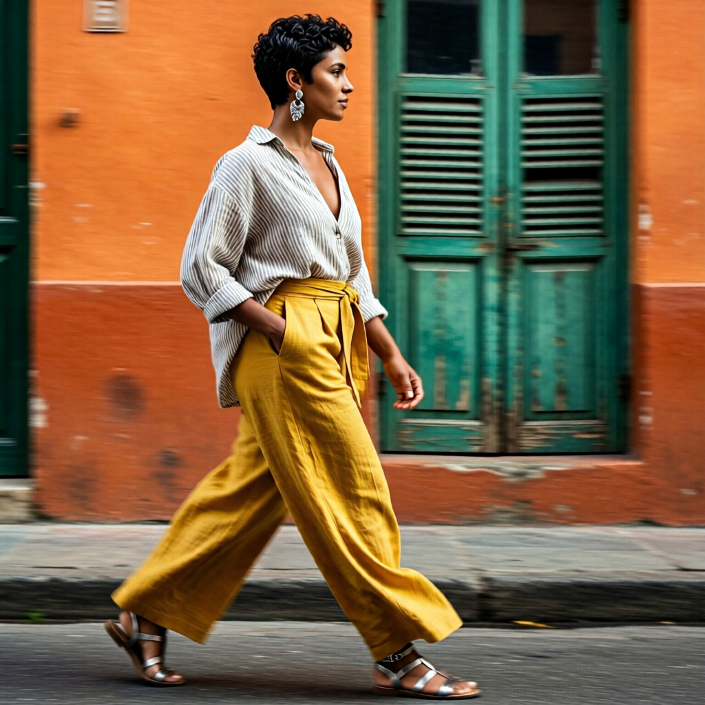 Qwen Image 2512 example — a woman in a striped linen blouse and mustard trousers walking briskly down a sunlit colonial street with motion-blurred walls