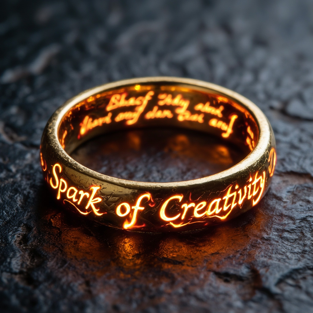 Z-Image example — a gold ring with a glowing fiery inscription reading Spark of Creativity, inspired by the One Ring