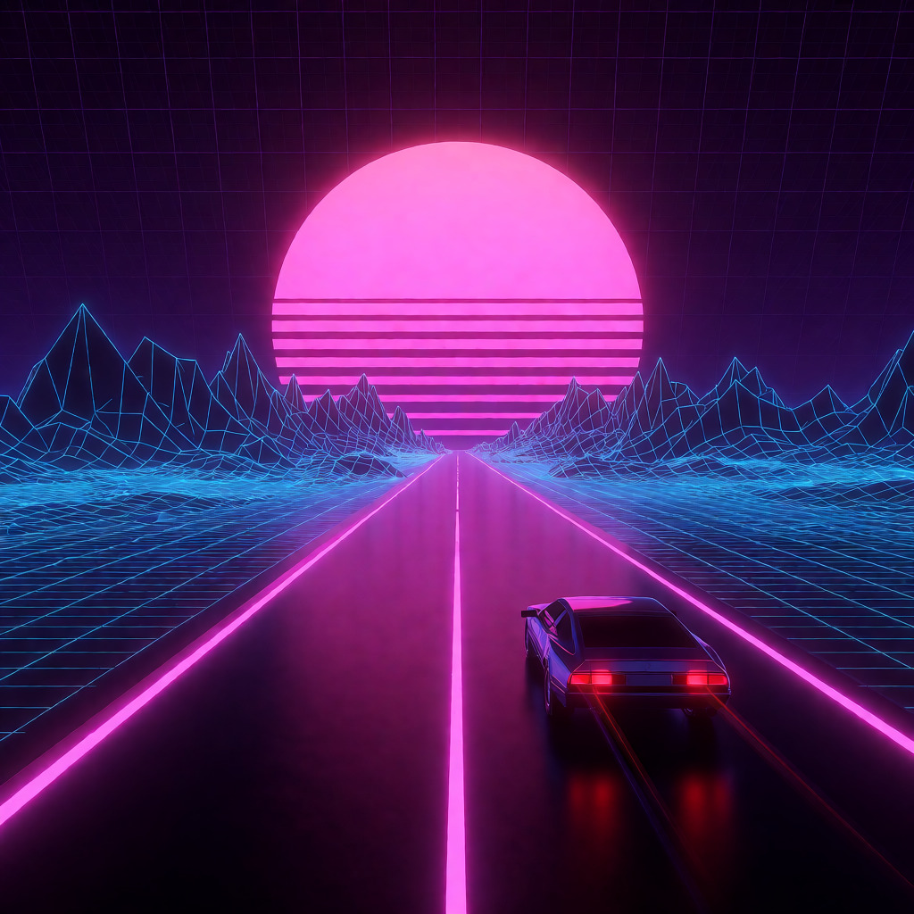 Krea 2 Turbo example — retro synthwave highway with neon pink sun and wireframe mountains