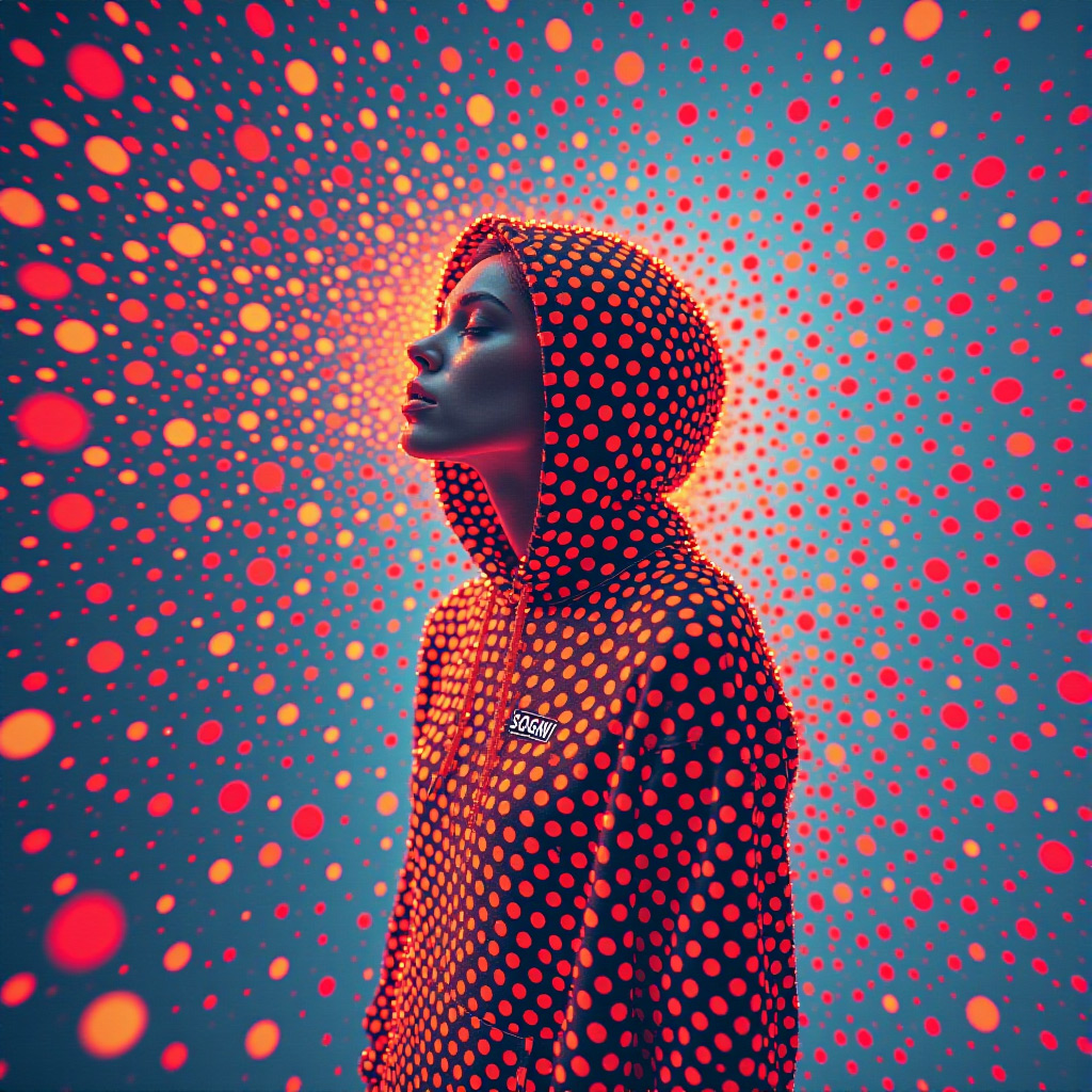 Chroma v.46 [flash] example — Concept photography, film grain, woman blends with a spot pattern, wearing spots hoodie, spots