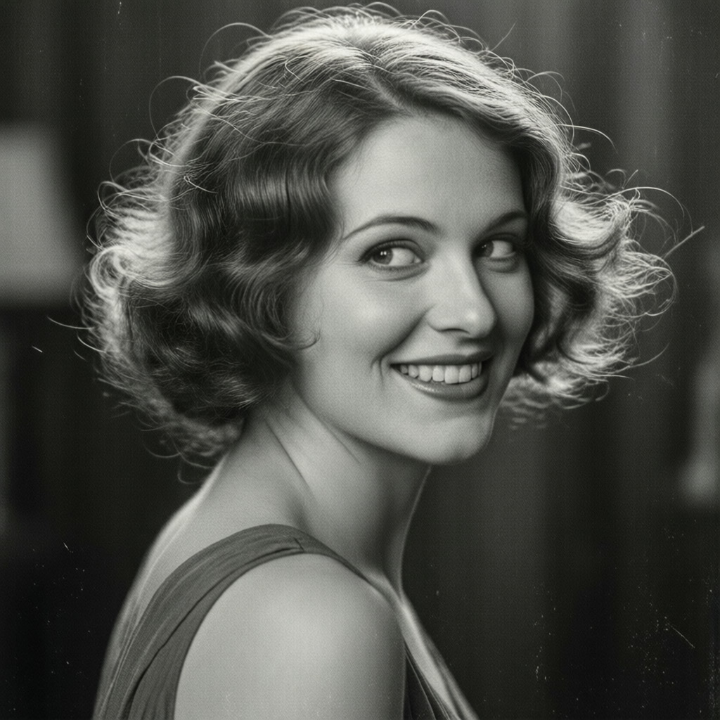 Qwen Image 2512 example — a 1920s woman turning her head sharply and smiling, shot on grainy overexposed monochrome film