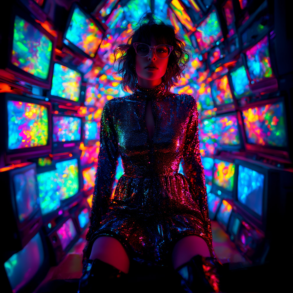 Chroma v.48 [detail] example — attractive woman, nerdy, glasses, perfect face, thigh high boots, creative, glamorous