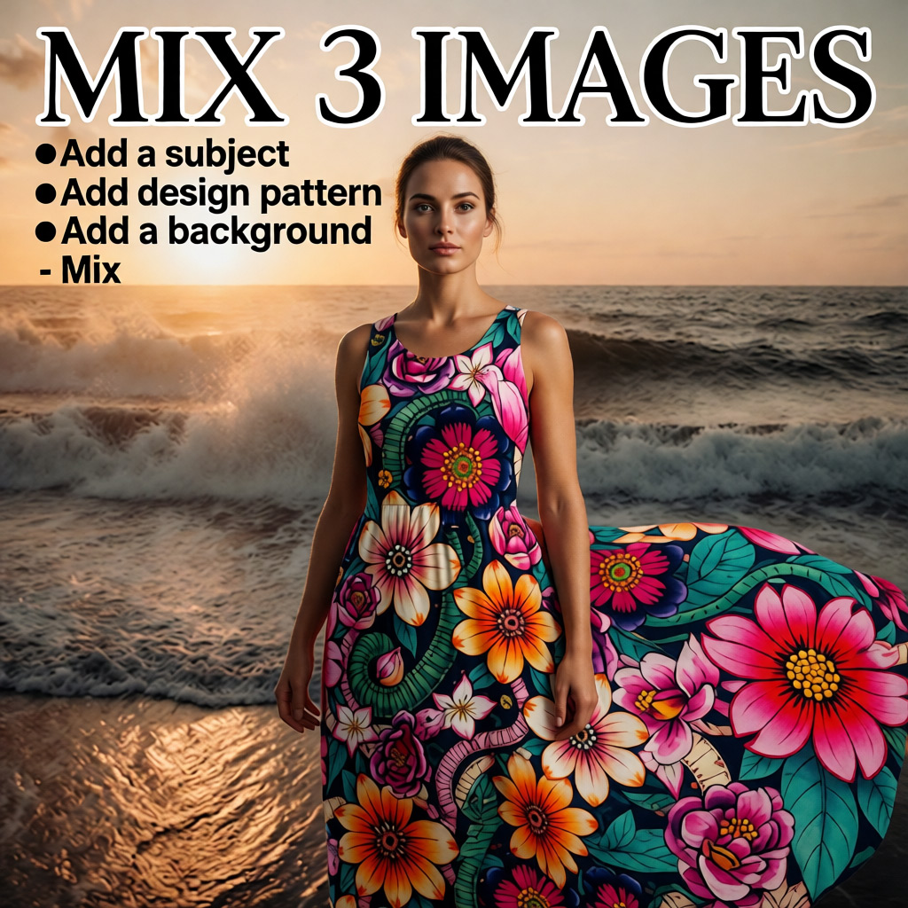 Qwen Image Edit 2511 example — restyling a portrait into a tropical-dress editorial cover with mixed-image title text