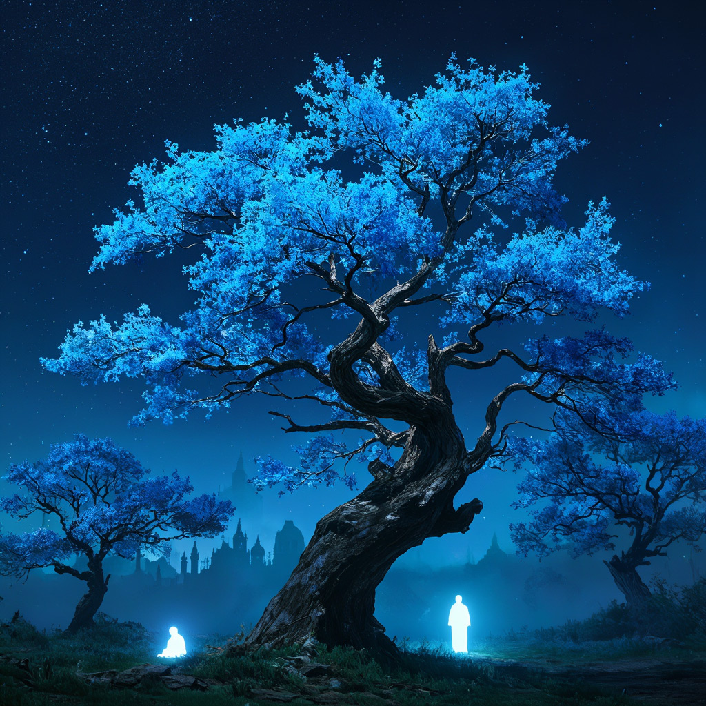 Z-Image example — a dark moody landscape with a large twisted tree with vivid blue foliage and glowing figures under a starry sky