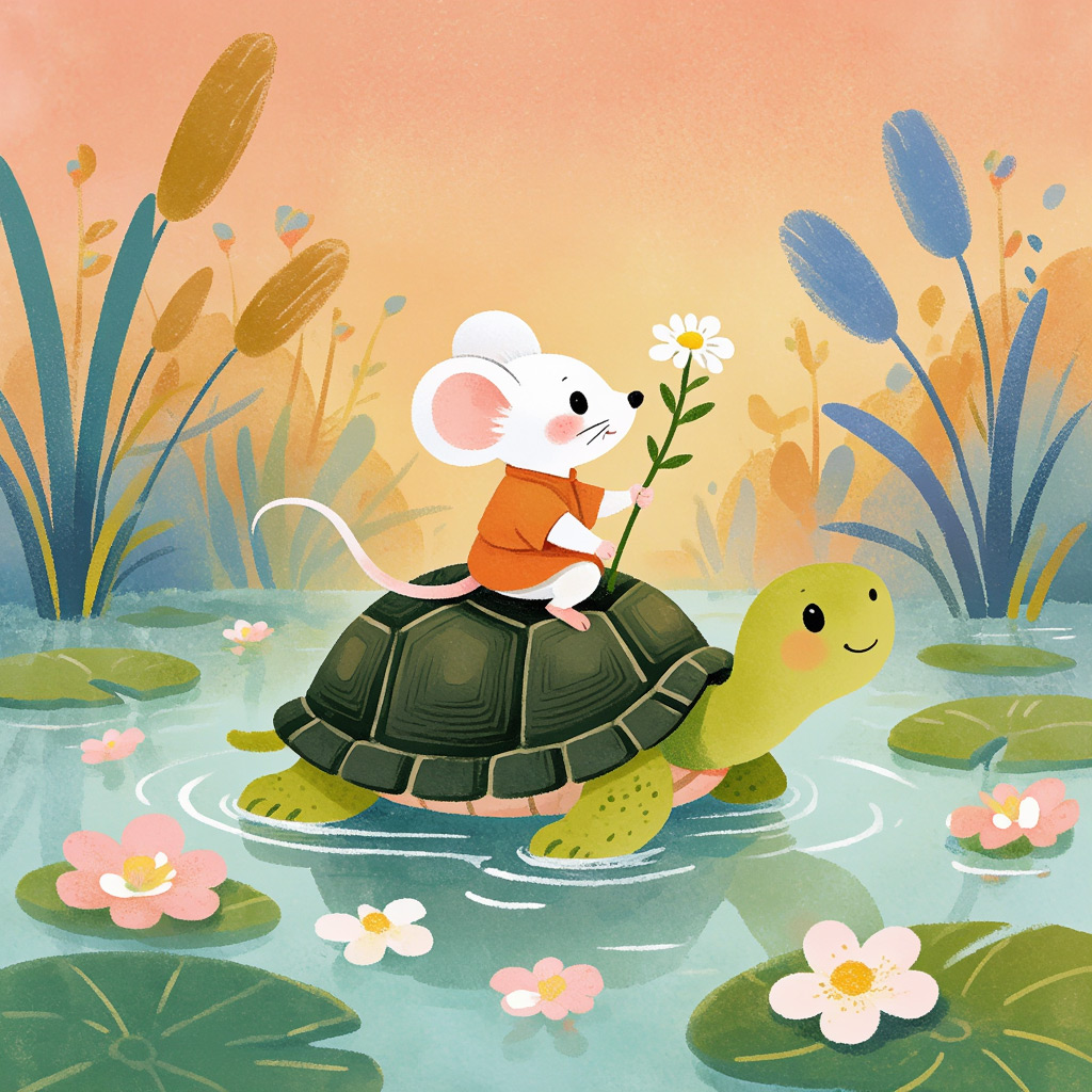 Z-Image Turbo example — a storybook white mouse in an orange tunic riding a gentle turtle across a serene lily-pad pond