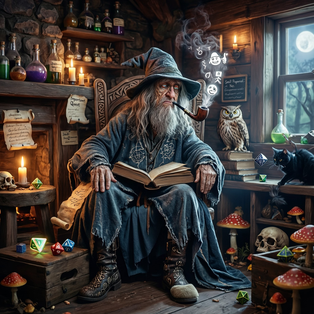 Z-Image example — a cinematic fantasy wizard slumped in a rune-carved chair inside a cluttered magical cabin
