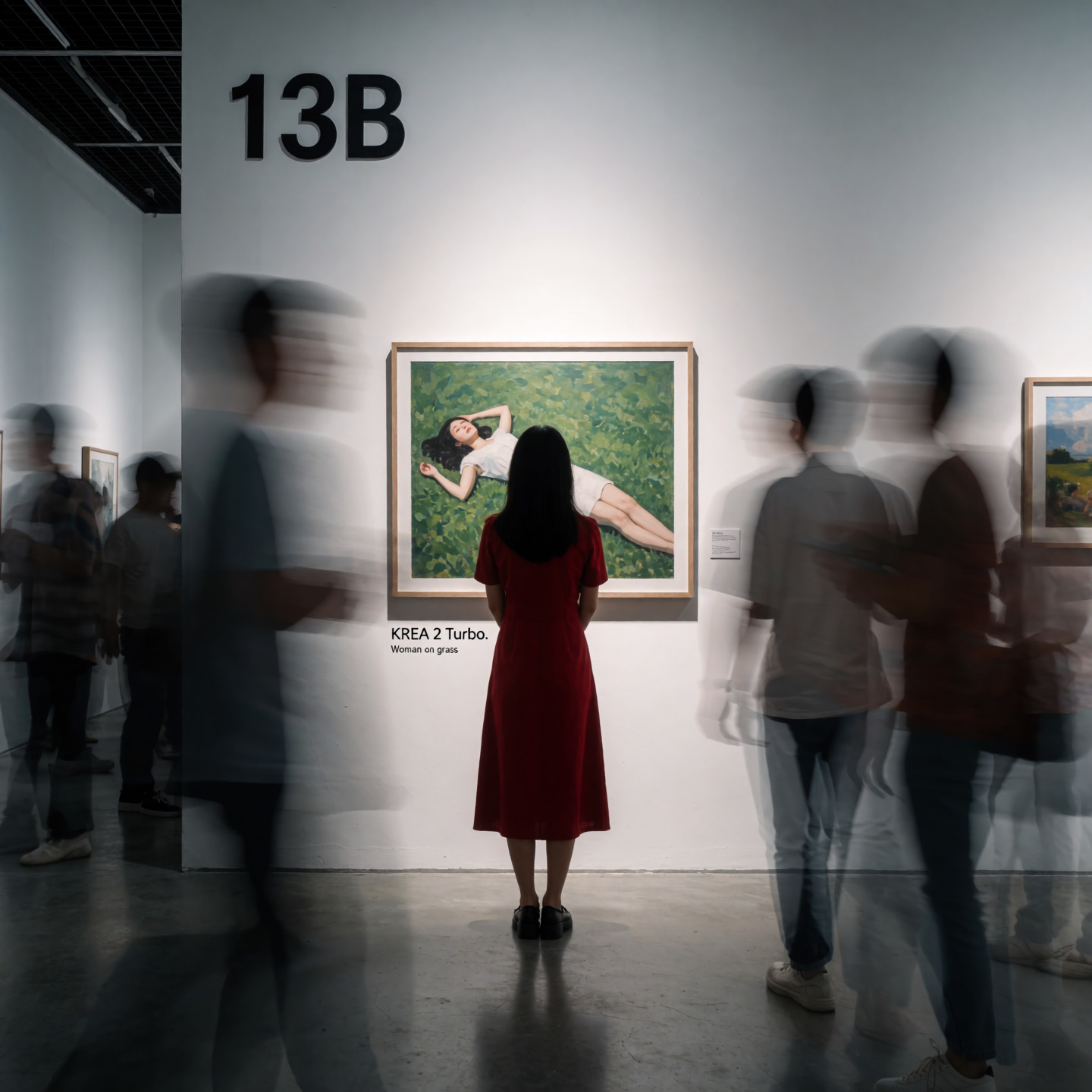 Krea 2 Turbo example — woman in red dress standing in a contemporary art gallery with motion-blurred visitors