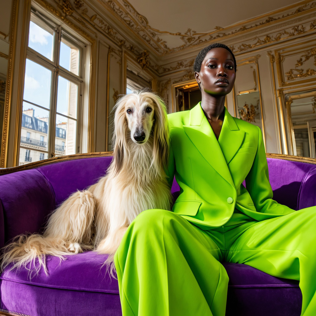 Z-Image Turbo example — a young African woman in an oversized lime-green suit embracing an Afghan hound in an opulent Parisian room