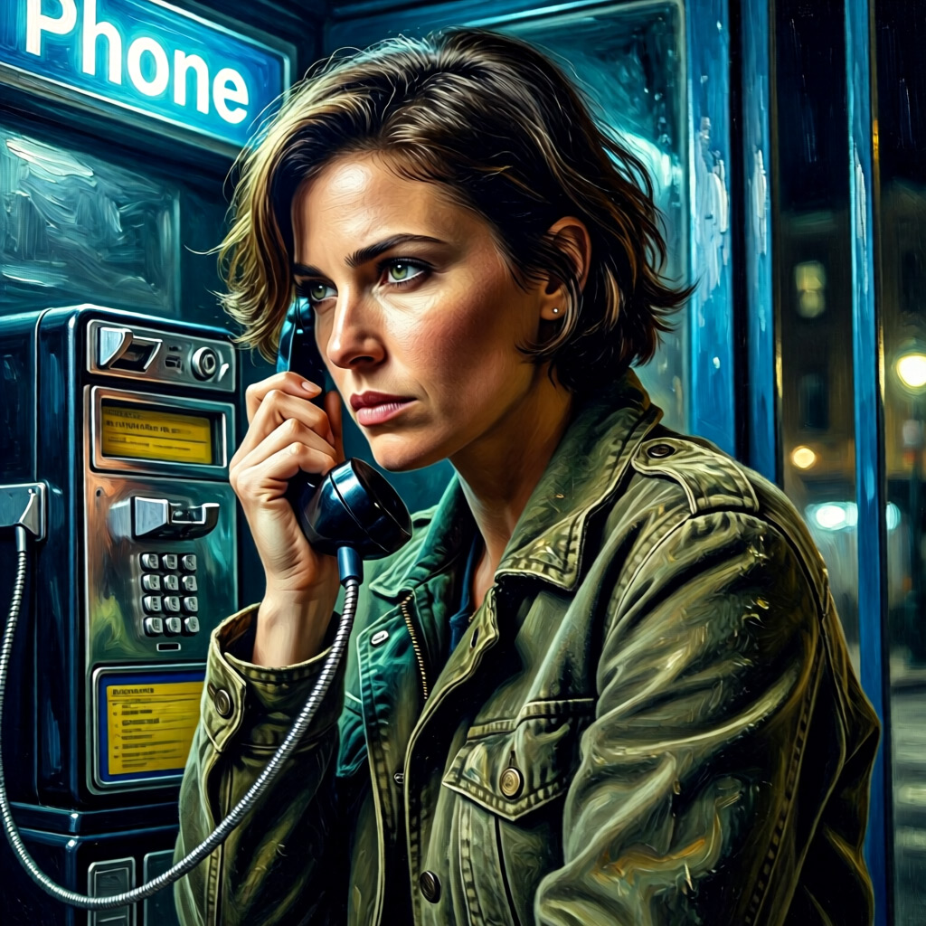 Qwen Image 2512 example — a woman on a vintage payphone at night under the harsh glow of a Phone sign in an oil-painting style