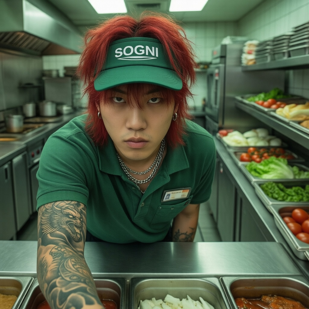 Qwen Image 2512 example — a young Asian punk man with red hair in a green SOGNI visor behind a fast-food service counter