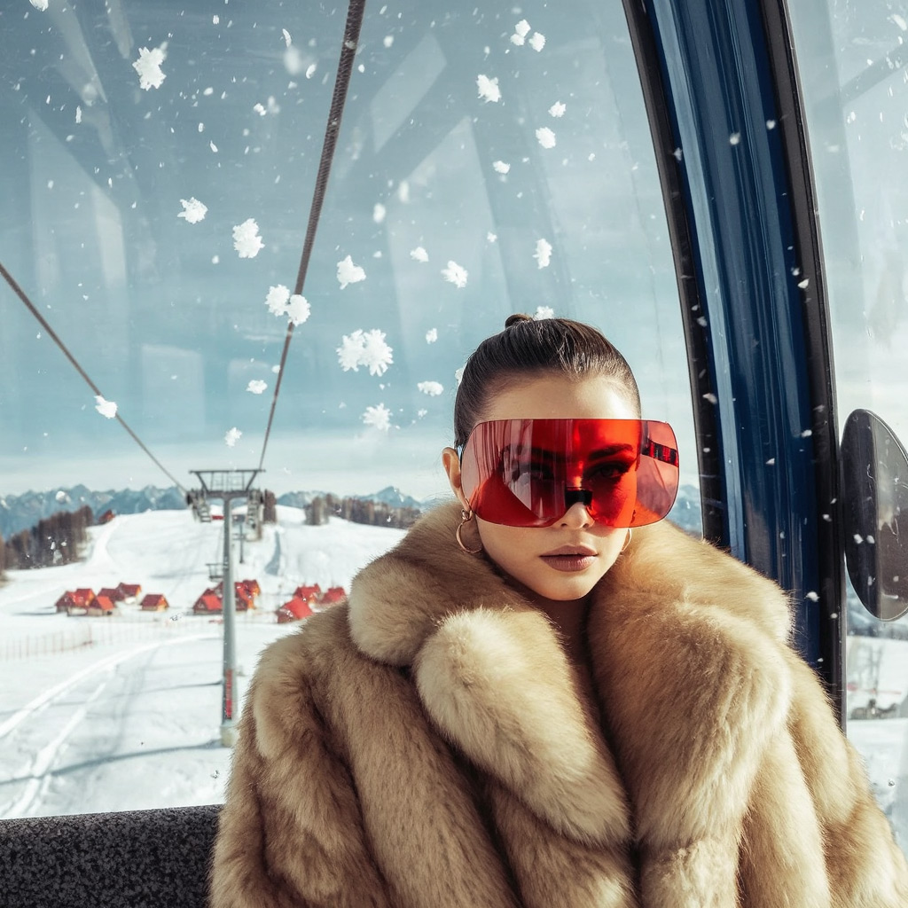 Z-Image example — a woman in a fur coat and red-tinted visor sunglasses inside a glass-walled ski lift above a snowy mountain