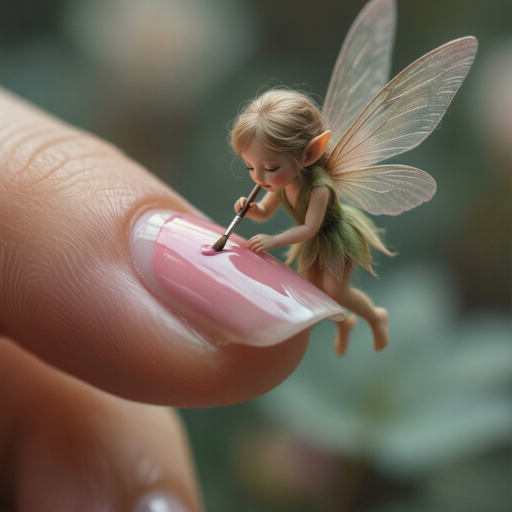 Qwen Image 2512 example — a tiny fairy at the end of a human finger painting the fingernail in a macro shallow-focus scene