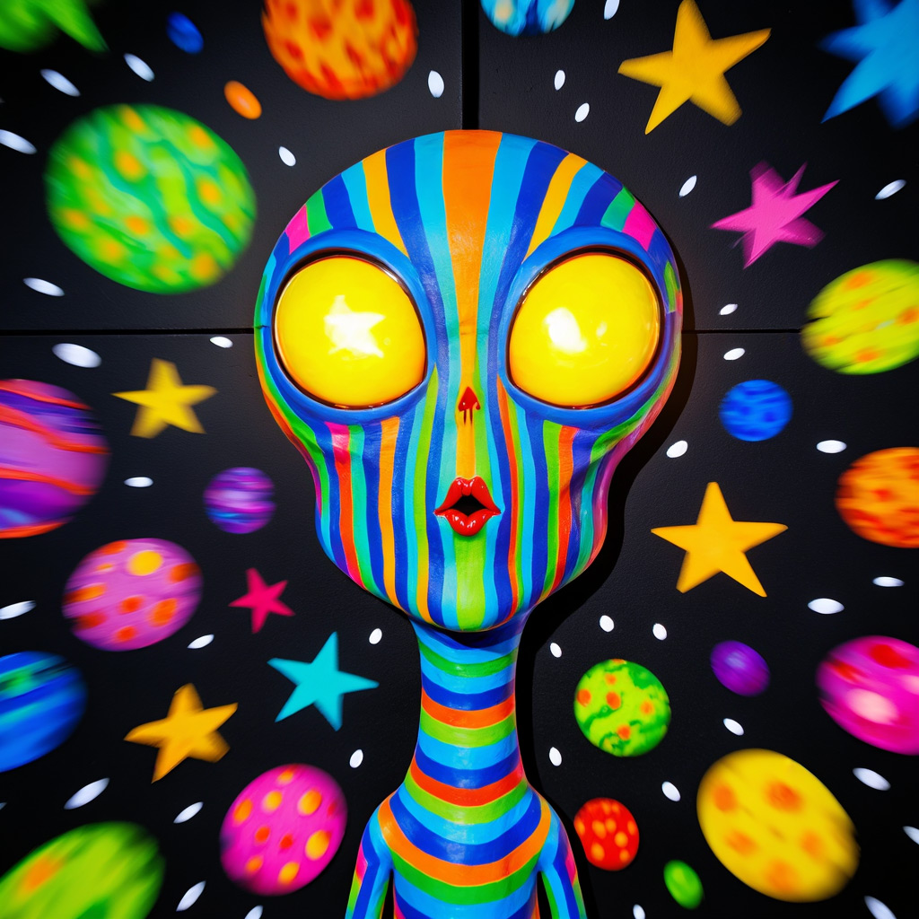 Z-Image Turbo example — a colored striped alien with big glowing eyes against a black wall with stars and planets