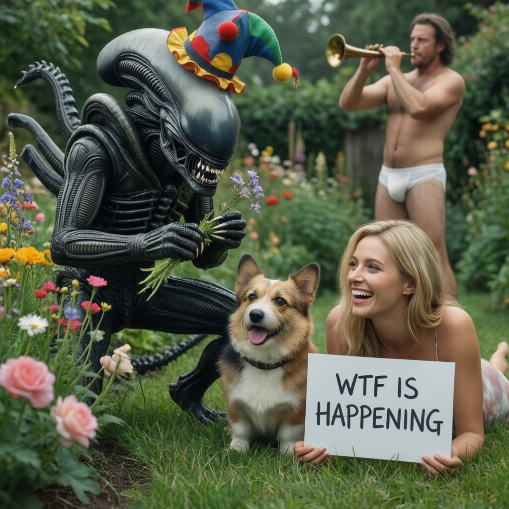 Qwen Image 2512 example — a surreal garden scene with a Xenomorph in a clown hat picking flowers and a sign reading WTF IS HAPPENING