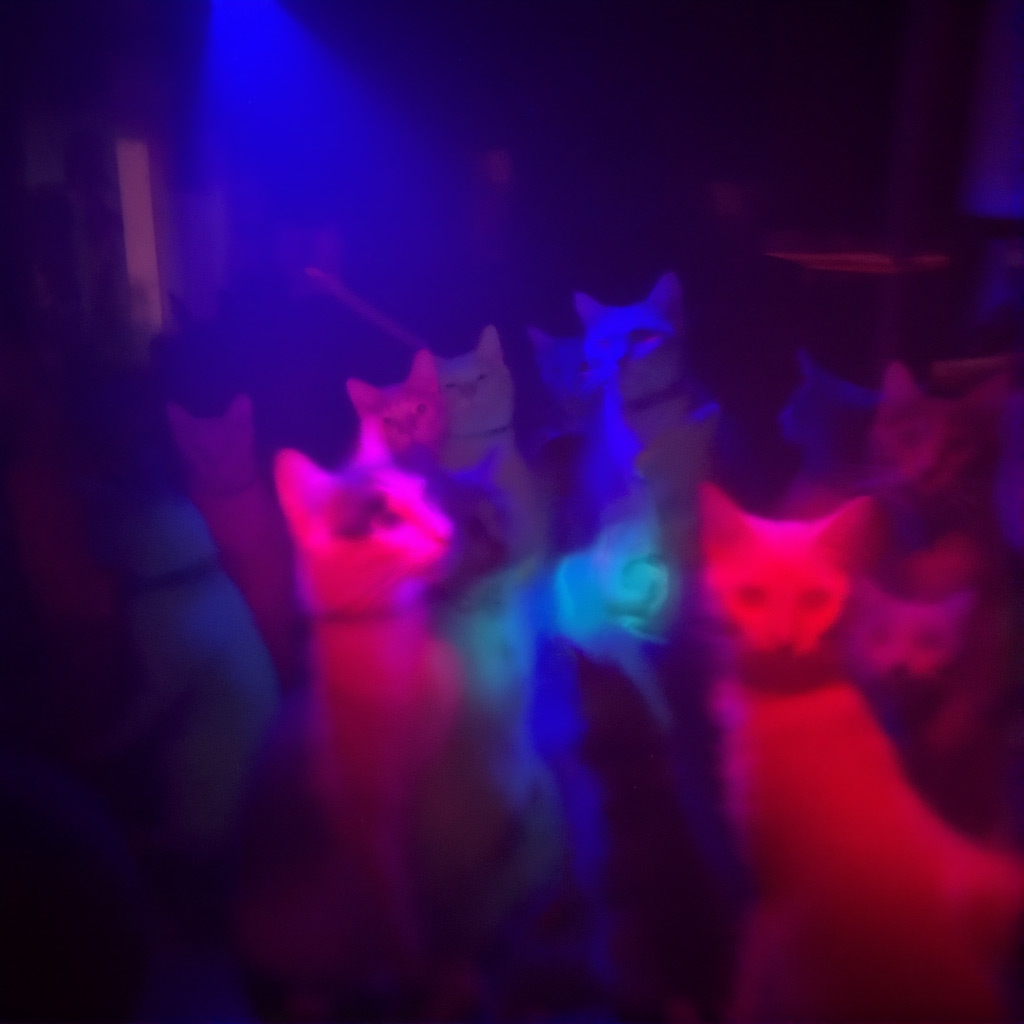 Chroma v.48 [detail] example — colored cats celebrating party, wild dancing cats, volumetric shadows, colored lights