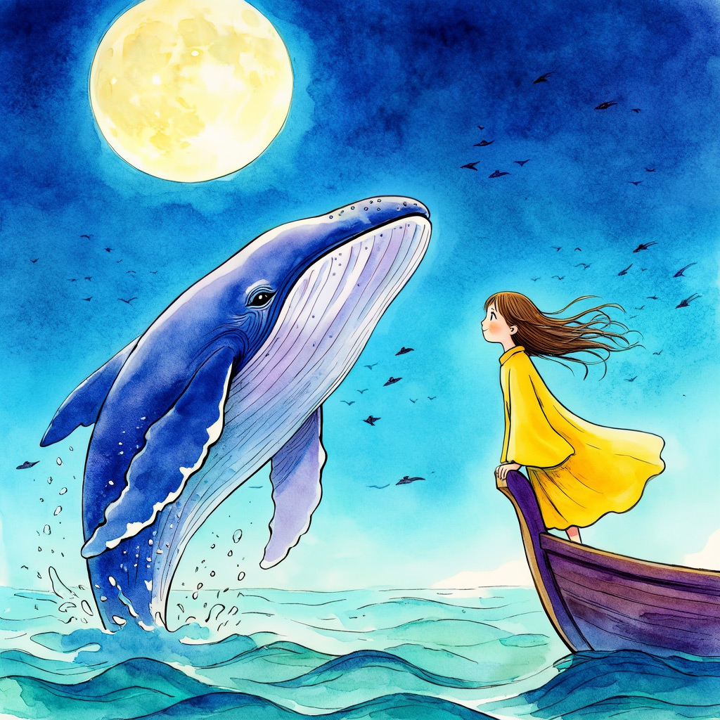 Z-Image example — a storybook watercolor of a young girl in a wooden boat meeting a large blue whale under a full moon