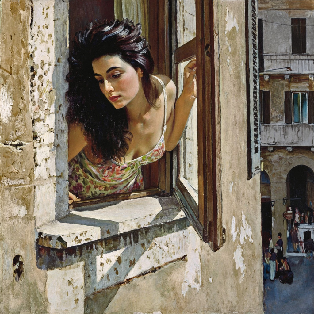 Z-Image example — a post-impressionist painting of an Italian woman leaning out of a rustic high-floor apartment window