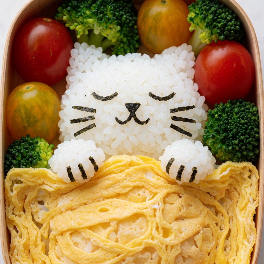 Krea 2 Turbo example — Japanese bento box with a sleeping cat made of rice under an omelette blanket