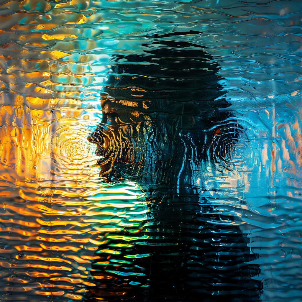 Chroma v.48 [detail] example — corrugated glass, distorted woman-silhouette, refraction caused by uneven surface, colorful