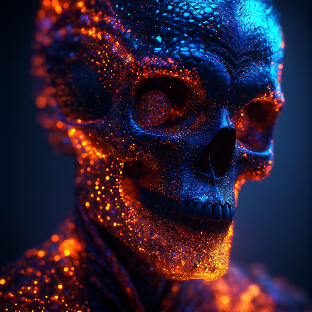 Chroma v.48 [detail] example — close-up portrait, Alien skull, bioluminescent creatures, intricate artwork, octane render